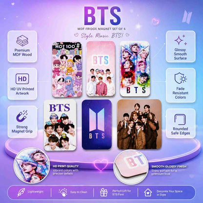 BTS Fridge Magnet Set of 6 | RM Jin SUGA j-hope Jimin V Jung Kook K-Pop Magnetic Fridge Magnets | Glossy Decorative Refrigerator Magnets