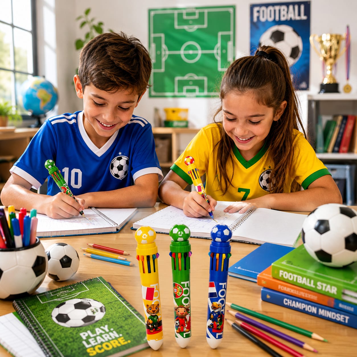 Football Theme 10-in-1 Multicolor Pen Set | 10 Color Retractable Ball Pen | Smooth Writing School Stationery | Pack of 3