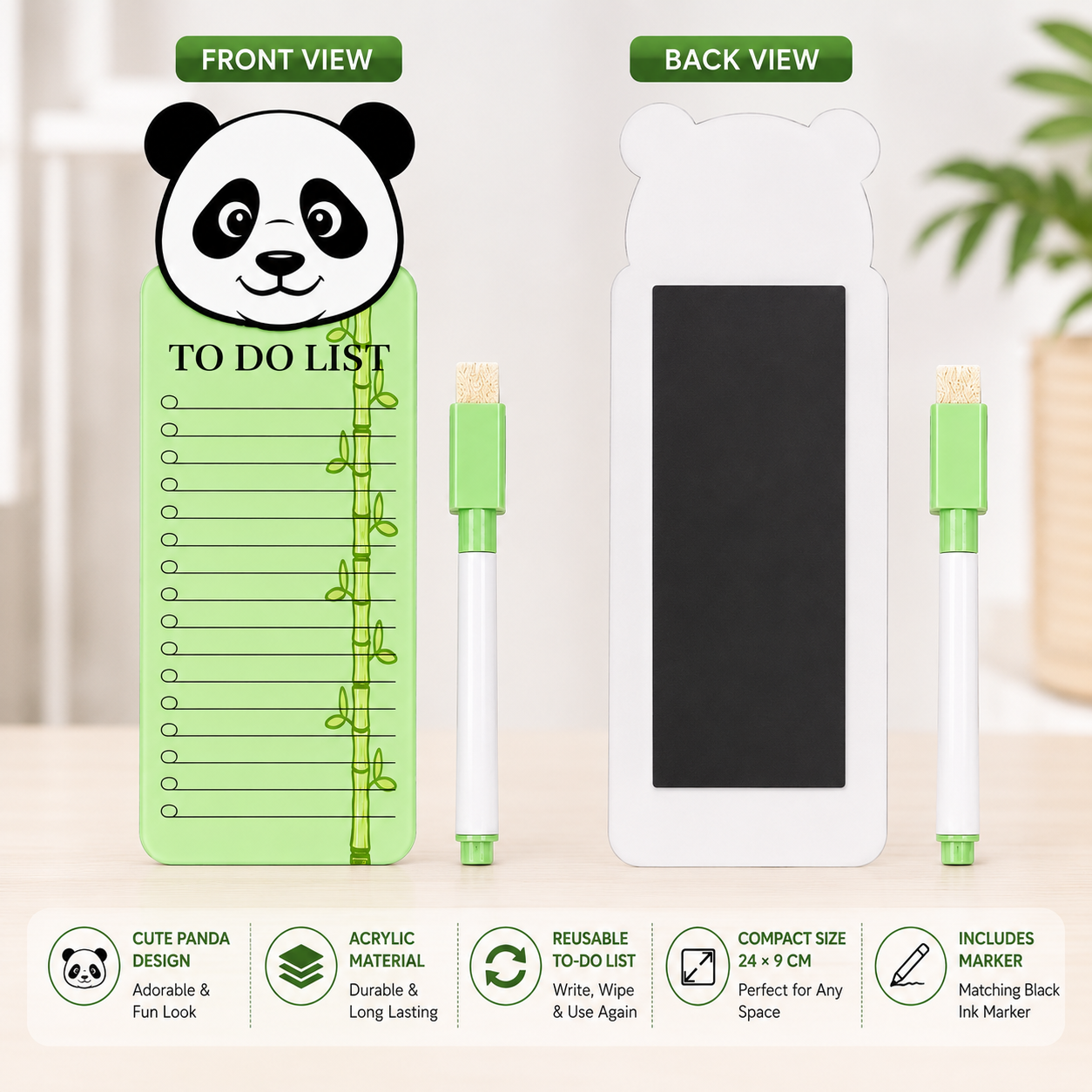 Panda Theme Acrylic to Do List Board with Marker, Reusable Writing Planner, Magnetic Daily Task Checklist Board, Cute Panda Design, 24 × 9 cm, Green