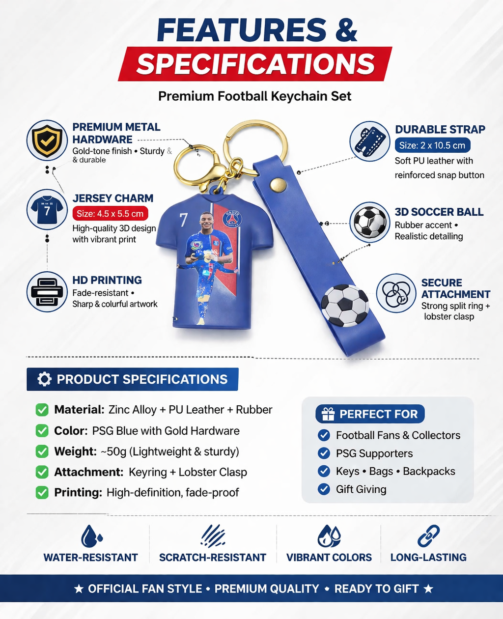 Football Jersey Keychain with Strap – PSG Inspired Player Design | Stylish Sports Keyring Gift for Fans