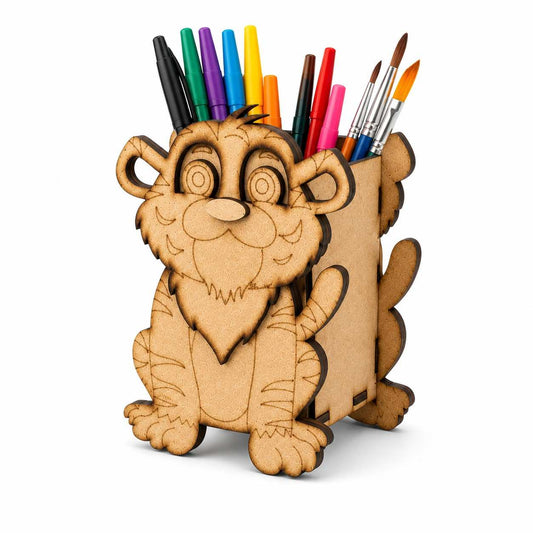 Tiger Wooden Pencil & Pen Holder | Premium MDF Desk Organizer | DIY Paintable Stationery Holder | 15.5 x 10 cm