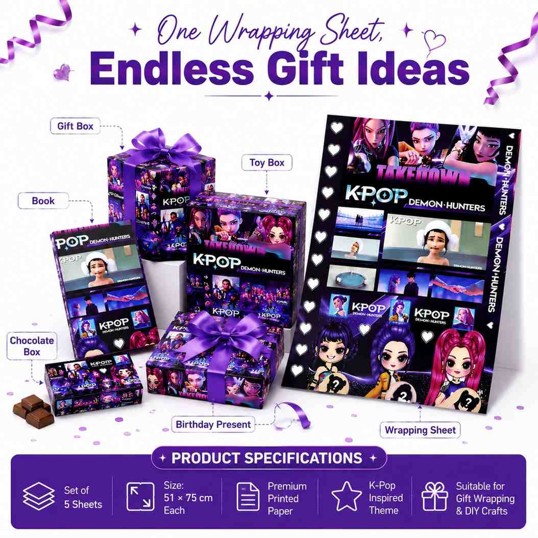K Pop Demon Hunters Gift Wrapping Paper Set of 5 with 5 Ribbons | Premium Printed Gift Wrap Sheets | 51 × 75 cm