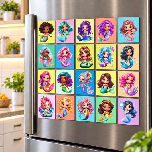 Cute Mermaid Fridge Magnets Set of 20 | Rectangular Character Magnets | Decorative Kitchen, Whiteboard, Locker Accessories | Strong Magnetic for Kids & Home Dcor (4x5 cm)