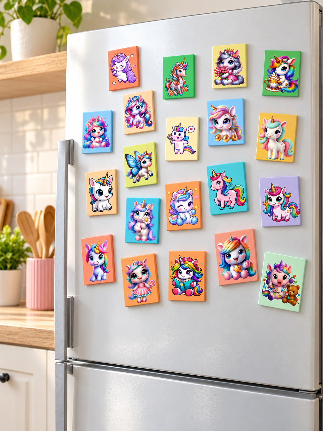 Cute Unicorn Fridge Magnets Set of 20 | Rectangular Character Magnets | Decorative Kitchen, Whiteboard, Locker Accessories | Strong Magnet for Kids & Home Dcor (4x5 cm)
