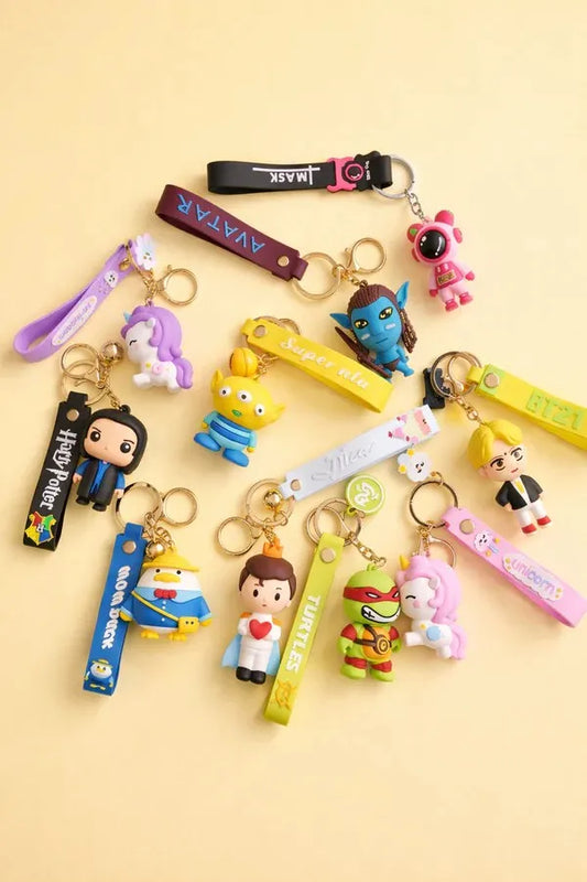 Cartoon Character Silicone  Keychains Set of 10 (Harry Potter, Unicorn, Alien, Turtle, Astronaut, BT21 & More) – Soft Rubber Durable Key Rings for Kids, Gifts & Return Gifts