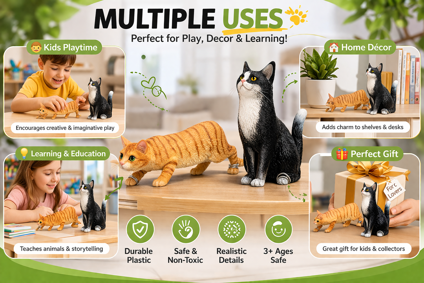 Realistic Cat Figurines Set of 2 – Orange Tabby & Black Tuxedo Cat | Mini Animal Toys for Kids & Adults | Home Decor Collectibles for All Ages