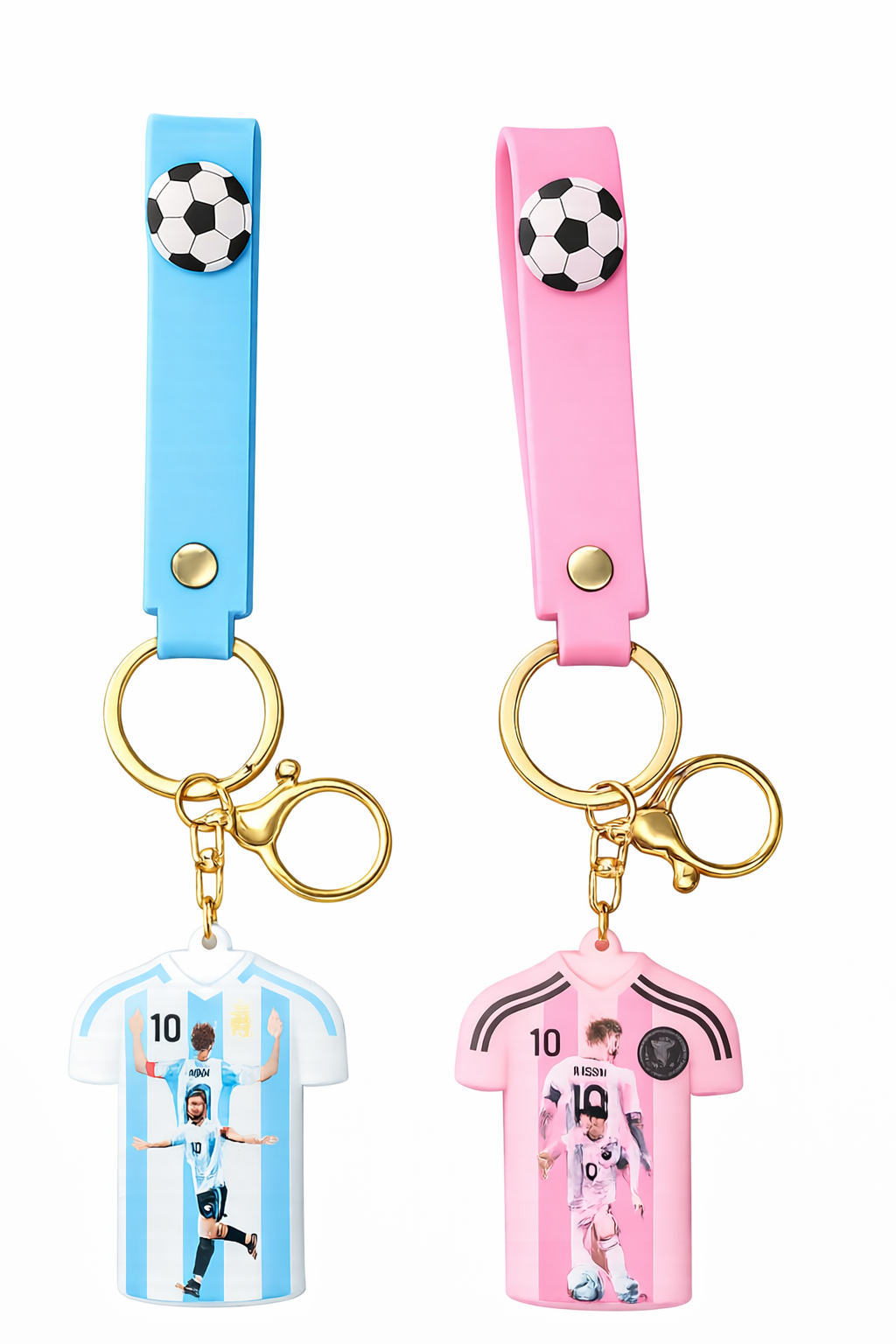Messi Jersey Keychain for Boys & Girls | Football Silicone Strap Keyring with Metal Hook | Soccer Fan Key Chain for Car, Bike, Bag | Gift for Football Lovers (Blue & Pink, Pack of 2)
