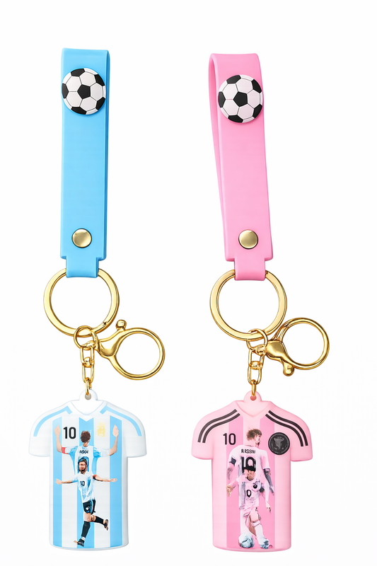 Messi Jersey Keychain for Boys & Girls | Football Silicone Strap Keyring with Metal Hook | Soccer Fan Key Chain for Car, Bike, Bag | Gift for Football Lovers (Blue & Pink, Pack of 2)
