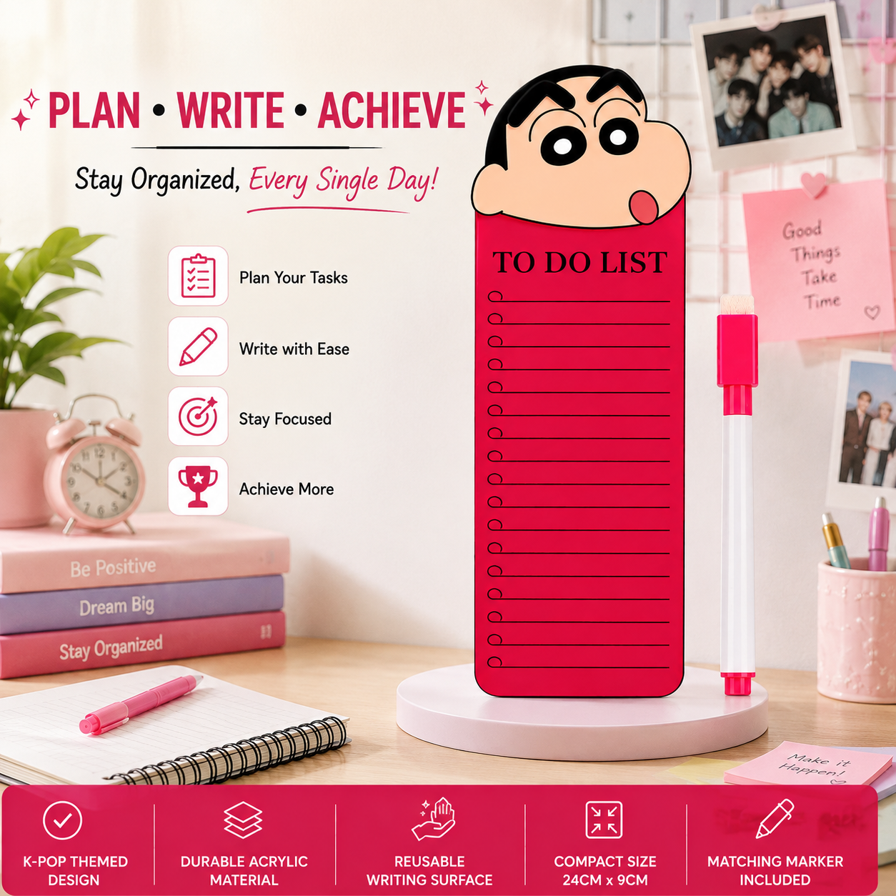 Sinchan to Do List Fridge Magnet with Marker, Reusable Acrylic Daily Planner Board, Magnetic Task Checklist for Home, Kitchen, Office & Kids, Pink Cartoon Design, 24 x 9 cm