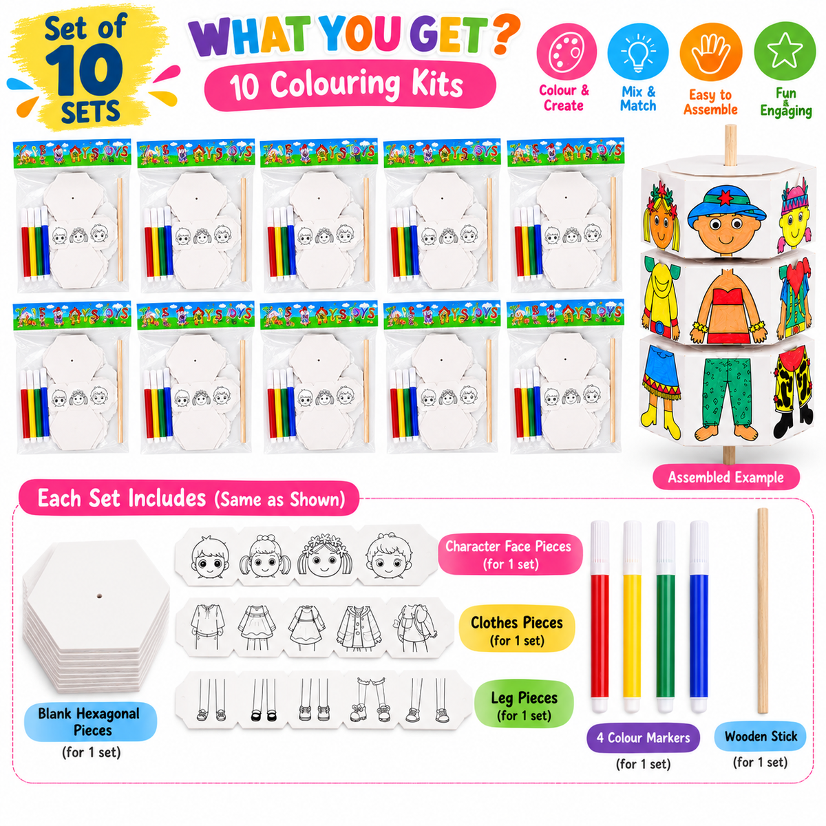 Kids Colouring Kit DIY Craft Toy Set of 10 Set | Mix & Match Character Making Activity Set with 4 Colour Markers & Wooden Stick