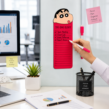 Sinchan to Do List Fridge Magnet with Marker, Reusable Acrylic Daily Planner Board, Magnetic Task Checklist for Home, Kitchen, Office & Kids, Pink Cartoon Design, 24 x 9 cm
