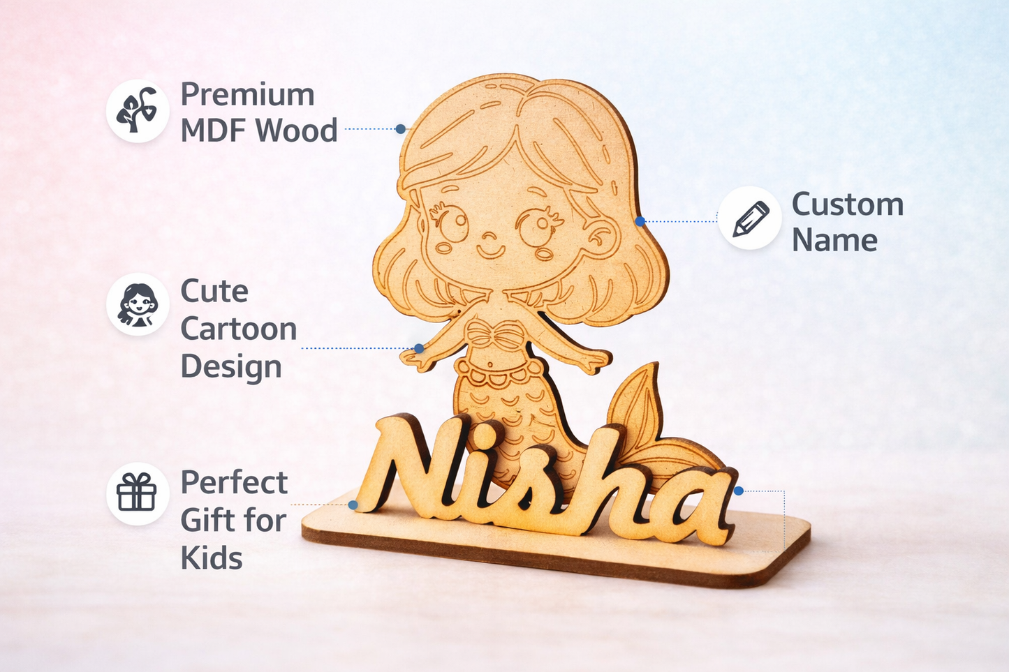 Personalized Mermaid Name Standee | Custom MDF Name Plate | Kids Room Decor | Wooden Cartoon Name Sign | Gift for Girls