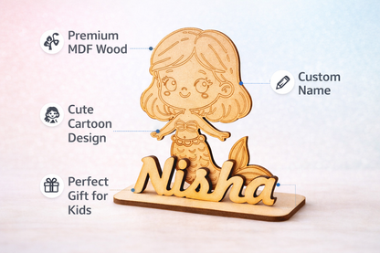 Personalized Mermaid Name Standee | Custom MDF Name Plate | Kids Room Decor | Wooden Cartoon Name Sign | Gift for Girls
