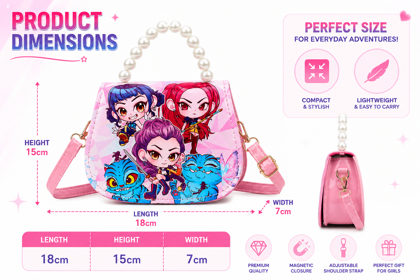 K POP Demon Hunter Mini Purse for Girls Lightweight Adjustable Strap Waterproof Shoulder Bag (Multicolor, 7.1 inch)