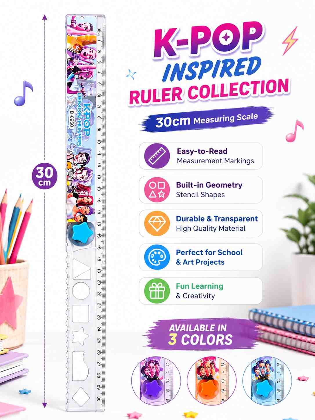 KPOP Demon Hunters Ruler Set of 3 | 30cm Transparent Scale with Geometry Stencil | Rumi, Mira & Zoey Character Design | School Stationery for Kids