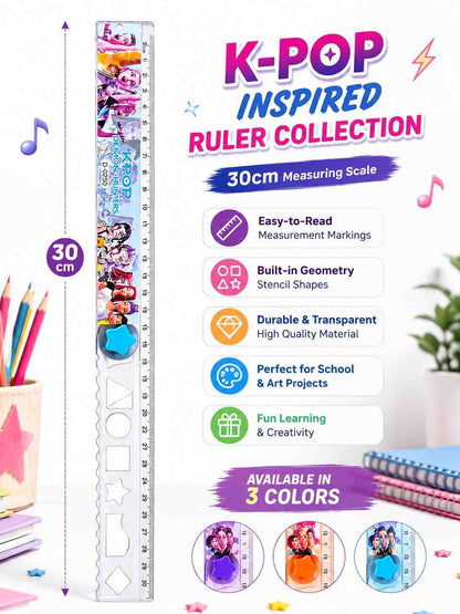 KPOP Demon Hunters Ruler Set of 3 | 30cm Transparent Scale with Geometry Stencil | Rumi, Mira & Zoey Character Design | School Stationery for Kids