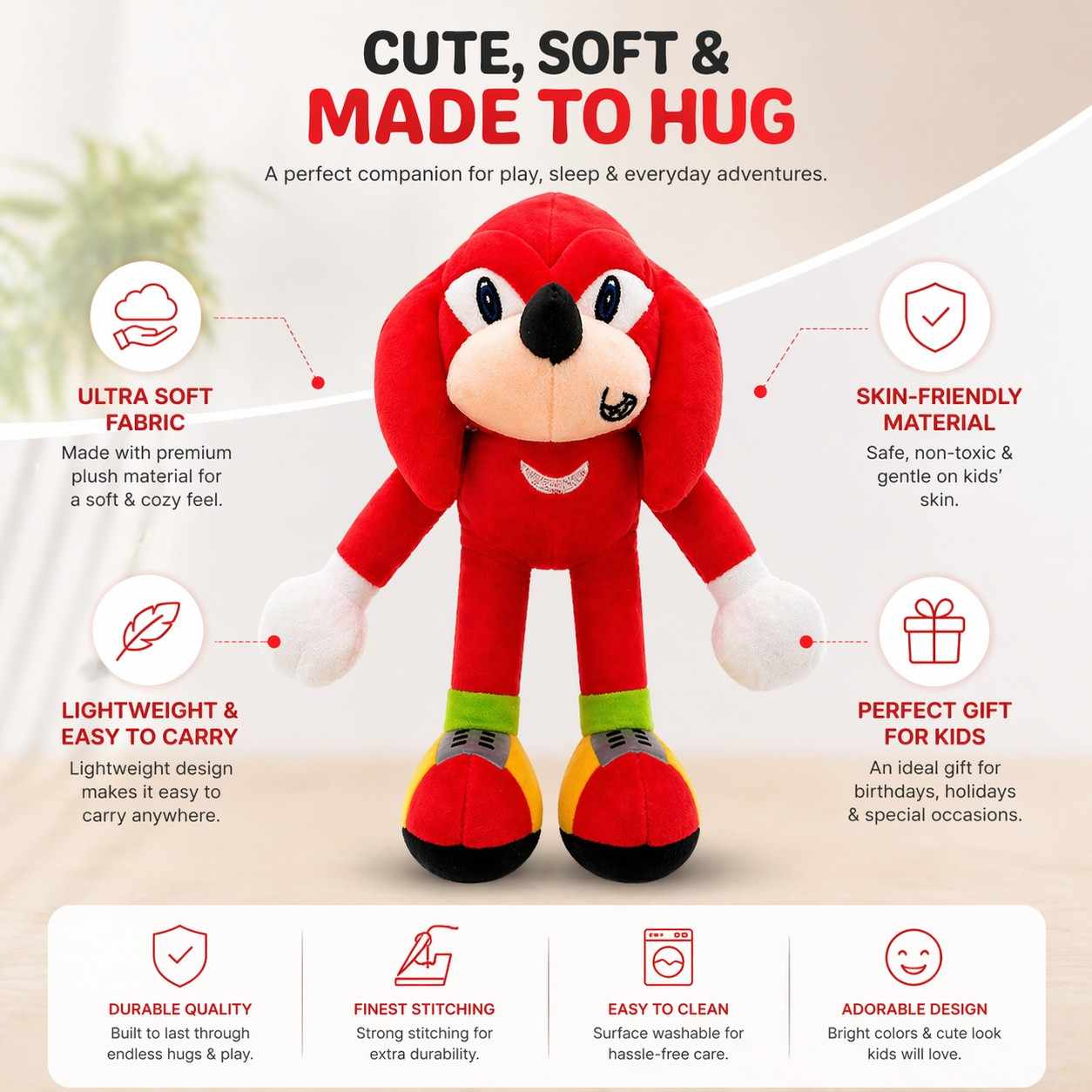 Ugandan Knuckles Plush Toy 32cm | Soft Stuffed Cartoon Character Toy for Kids | Boenjoy Gifts Cute Red Hug Toy for Boys & Girls