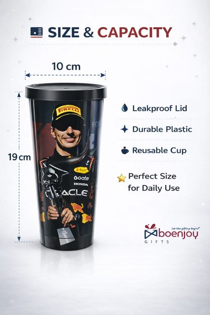 Racing Driver Printed Travel Mug with Lid – 500 ml Reusable Coffee Tumbler | Plastic Outer & Steel Inner | Leakproof Coffee Cup for Office, Car & Travel – Black