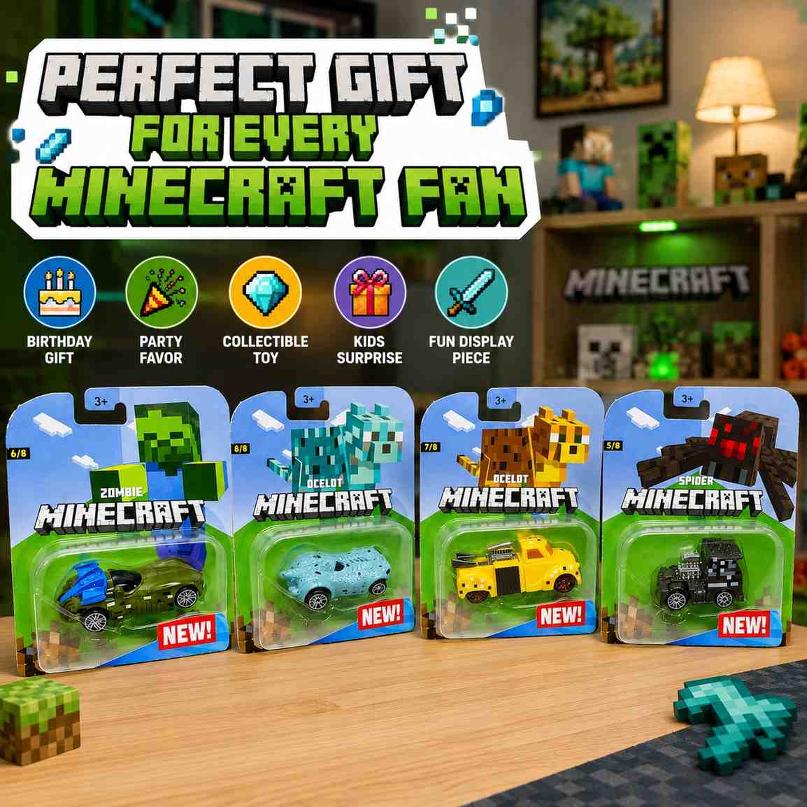 Minecraft Zombie Spider Ocelot Mini Cars Set of 4 Collectible Toy Vehicles for Kids | Zombie Car, Spider Car, Ocelot Blue & Ocelot Yellow