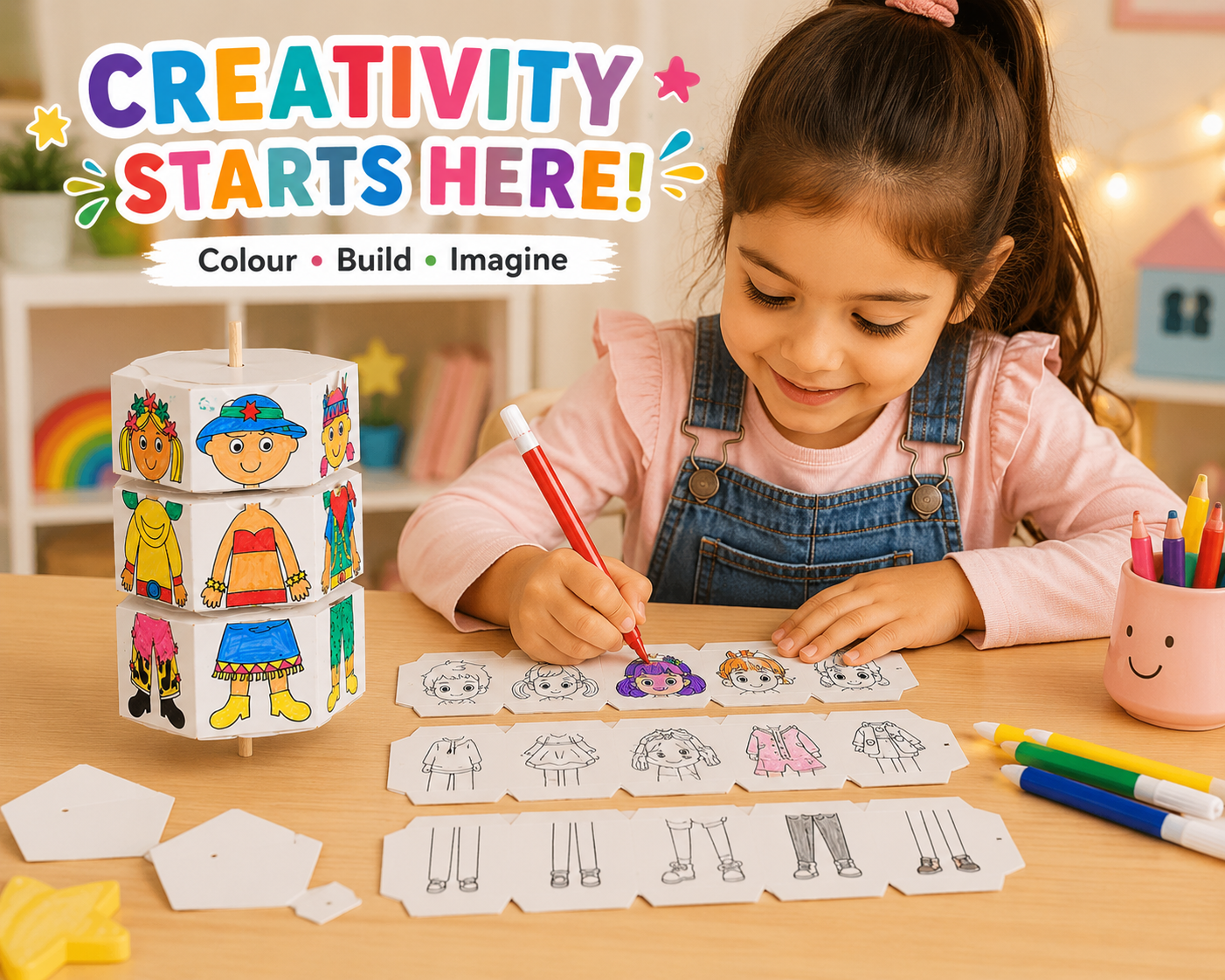 Kids DIY Colouring Kit with 4 Markers & Wooden Stick | Mix & Match Character Cube