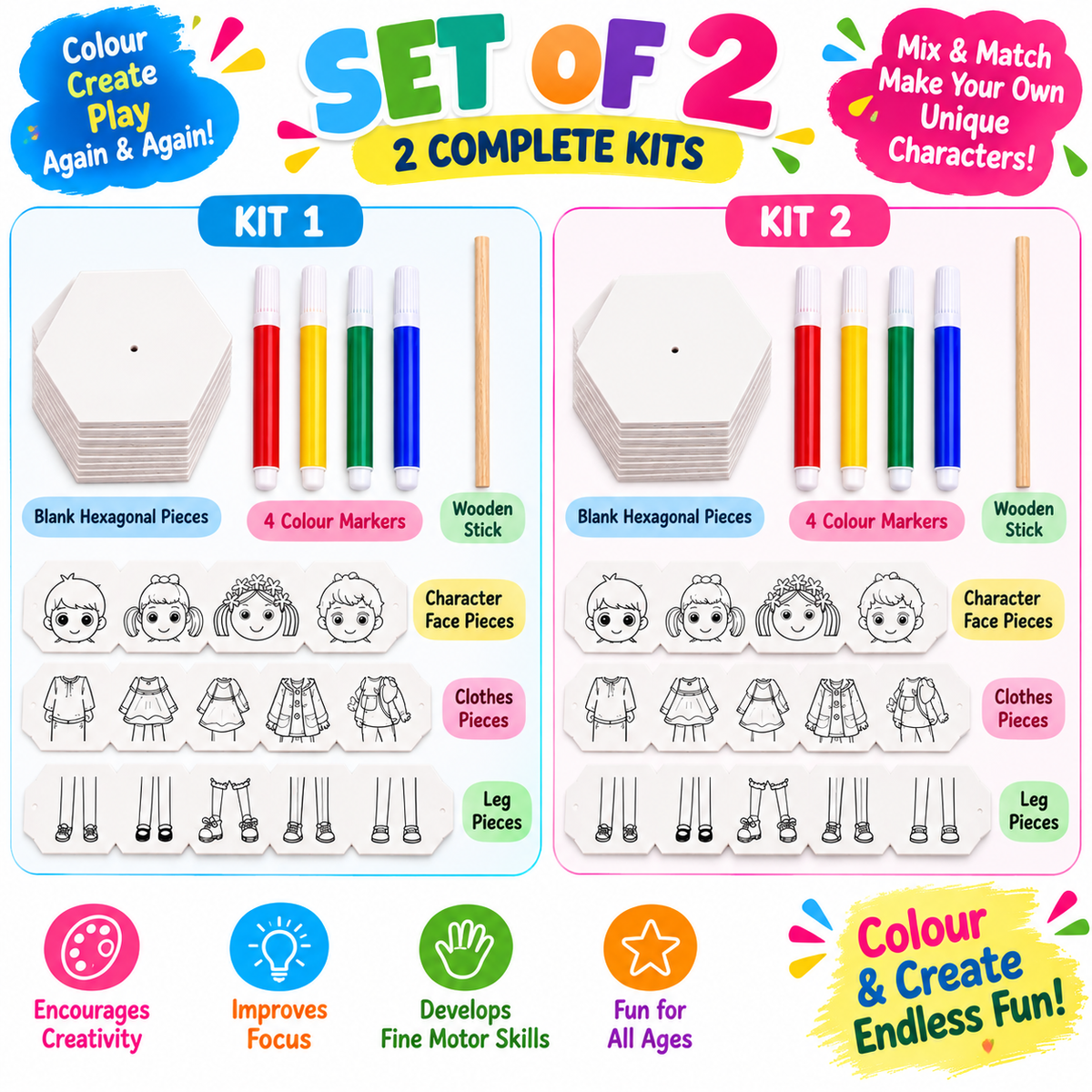 Kids Colouring Kit DIY Craft Toy Set of 2, Mix & Match Character Making Activity Set with 4 Colour Markers & Wooden Sticks, Creative Colouring & Assembly Toy for Kids