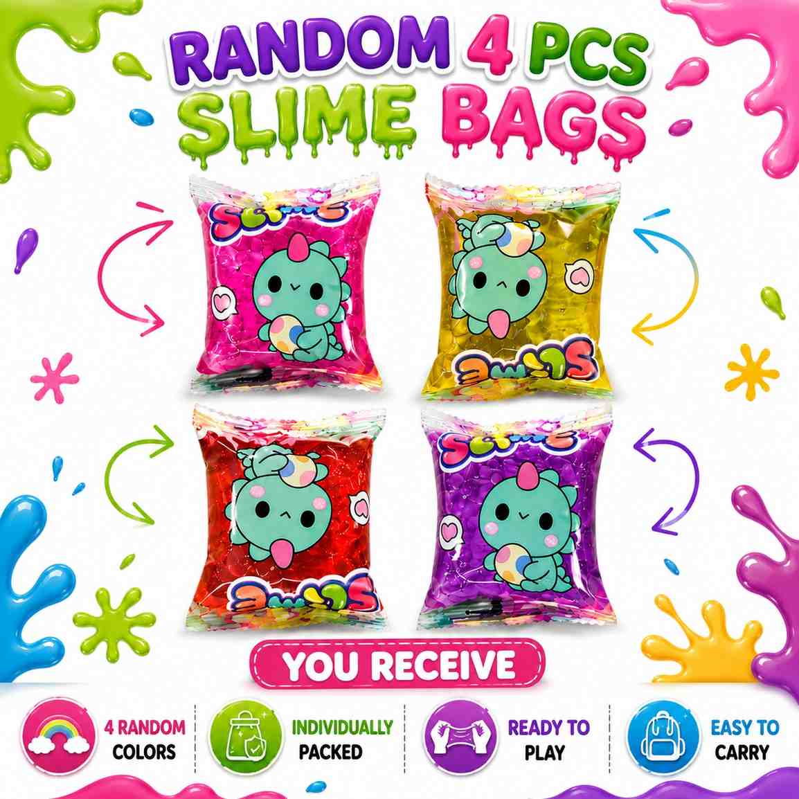 Slime Bags for Kids & Teens Random 4 PCS | Colorful Stretchy Squishy Slime Pack | Individually Packed Sensory Stress Relief Toy | Party Favor, Return Gift & Birthday Gift