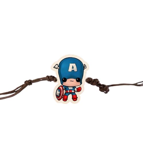 Captain America | Premium Wooden Rakhi | Handmade Paper Packing | Soft Nylon Thread | Size - 4 x 3 cm