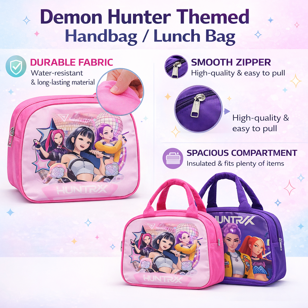 K POP  Demon Hunters Lunch Bag for Kids Girls – Stylish Insulated Handbag, Durable Fabric, Spacious Zipper Compartment, Lightweight Lunch Box (Pink & Purple) – Random 1 Pc