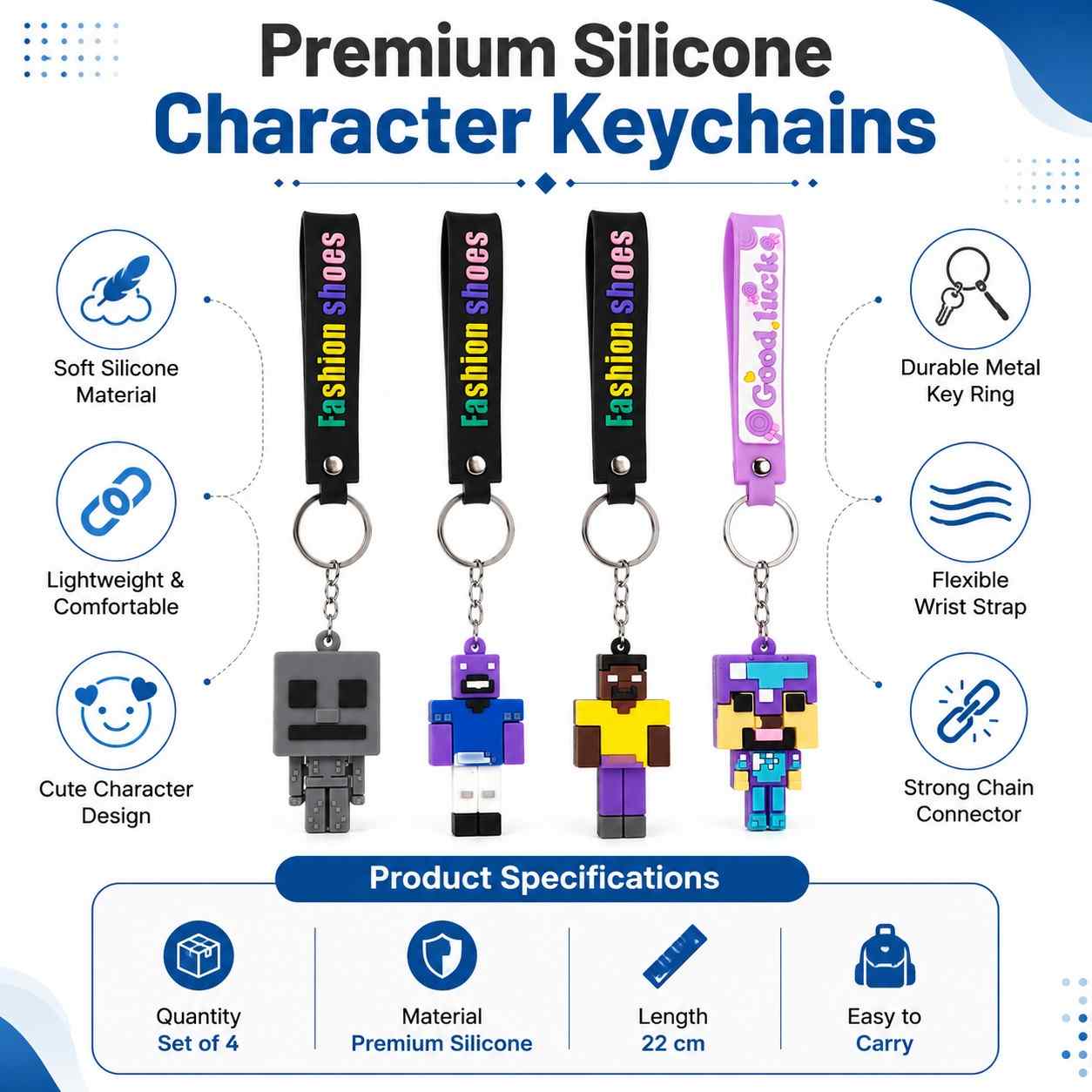 Mine Character Silicone Wrist Keychain Set of 4 | Premium Silicone Key Holder with Wrist Strap | Cute Mine Character Keychains for Keys, Bags, Backpack & Gifts