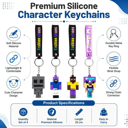 Mine Character Silicone Wrist Keychain Set of 4 | Premium Silicone Key Holder with Wrist Strap | Cute Mine Character Keychains for Keys, Bags, Backpack & Gifts