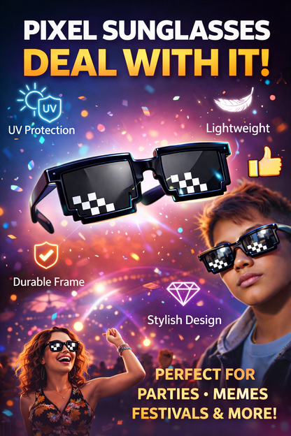 Pixel Deal With It Sunglasses – Retro Meme Glasses | UV Protection | Party Wear | Lightweight Stylish Shades