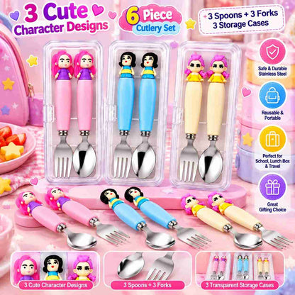 K POP Demon Hunter Hunterix Rumi Meera Zoey Spoon & Fork Set for Kids, Girls & Women – 3 Sets, 6 Pieces with 3 Transparent Storage Cases