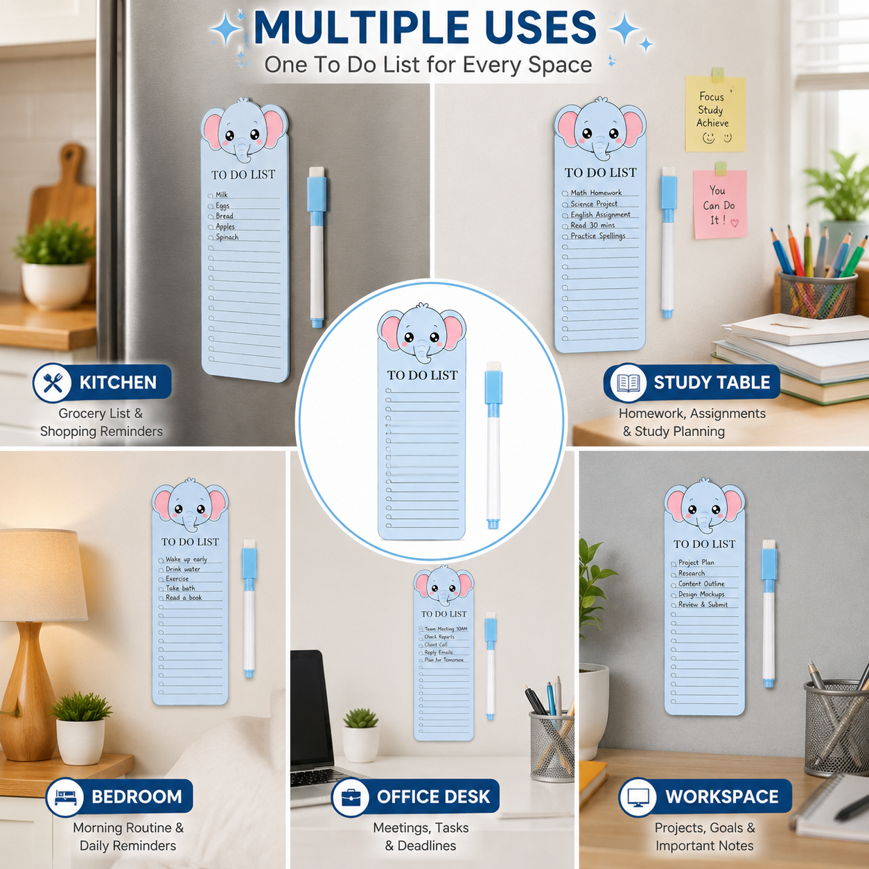 Elephant Acrylic To Do List Board with Marker | Reusable Magnetic To-Do Planner for Home, Office & Study | Cute Elephant Daily Task List Board