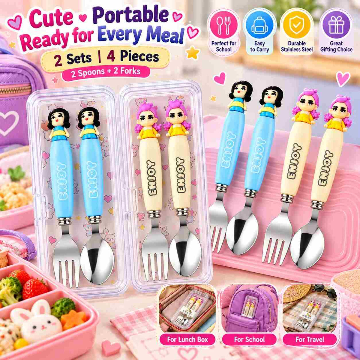 K POP Demon Hunters Spoon & Fork Set for Kids, Girls & Women – Rumi & Meera Character Design, 2 Sets 4 Pieces, Cute Reusable Cutlery with Storage Case