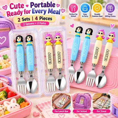 K POP Demon Hunters Spoon & Fork Set for Kids, Girls & Women – Rumi & Meera Character Design, 2 Sets 4 Pieces, Cute Reusable Cutlery with Storage Case