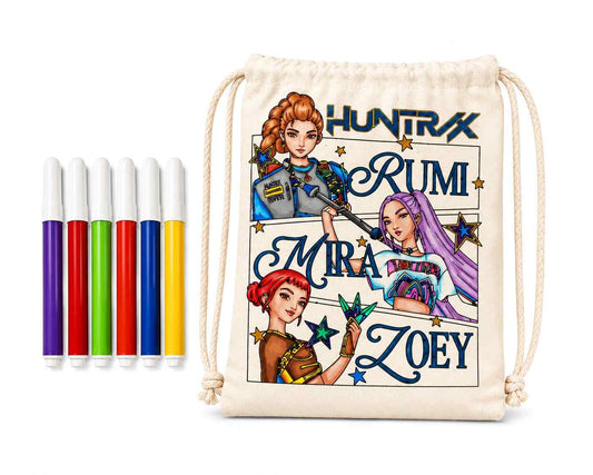 K-Pop Demon Hunters Coloring Dori Bag – DIY Canvas Drawstring Bag with 6 Color Sketch Pens