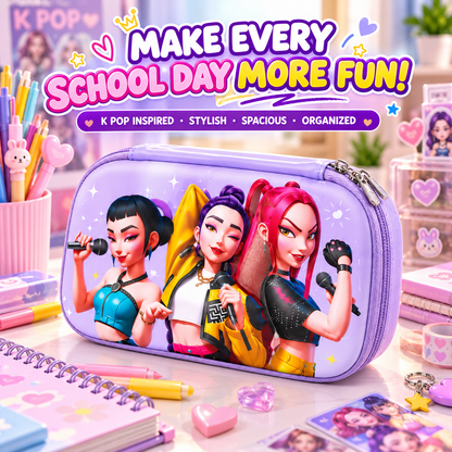 K POP Demon Hunters Pencil Pouch for Kids & Girls | Large Capacity Pencil Case with Double Zipper, Mesh Pocket & Pen Loops | 22.5 × 14 × 5 cm (Random 1 Pc)
