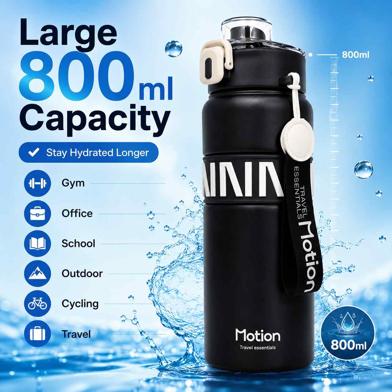 Motion Premium Stainless Steel Water Bottle 800ml – Leakproof Sports Bottle with Flip Lid, Safety Lock & Carry Strap