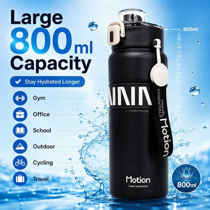 Motion Premium Stainless Steel Water Bottle 800ml – Leakproof Sports Bottle with Flip Lid, Safety Lock & Carry Strap