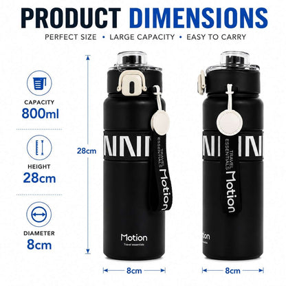 Motion Premium Stainless Steel Water Bottle 800ml – Leakproof Sports Bottle with Flip Lid, Safety Lock & Carry Strap