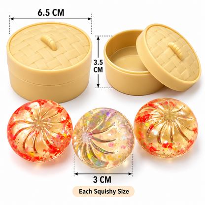Set of 3 Mini Momos Squishy with Storage Box | Soft & Squeezable Sensory Toy for Kids