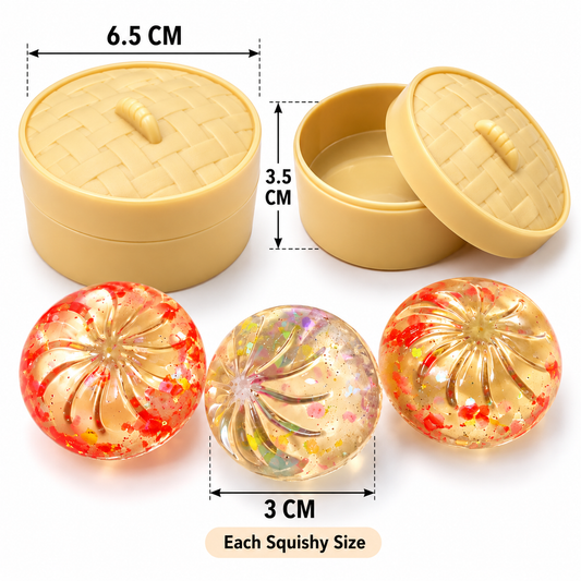 Set of 3 Mini Momos Squishy with Storage Box | Soft & Squeezable Sensory Toy for Kids