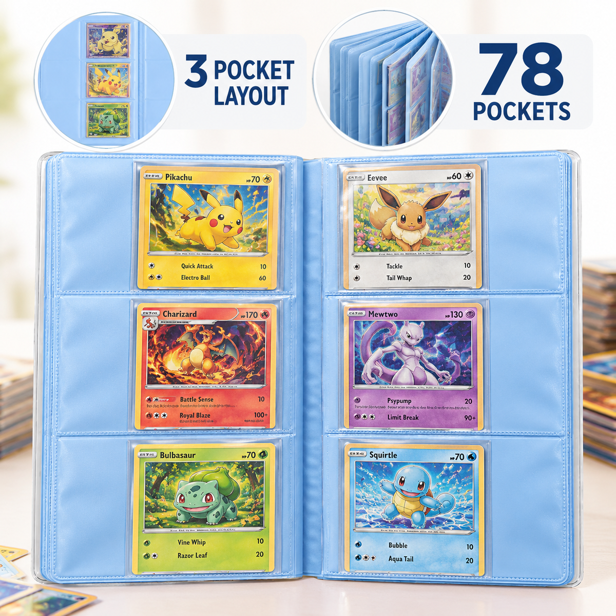 DOMUM Pokemon Trading Card Album FlashFire – 78 Pocket Trading Card Holder, 3 Pocket Layout, Multicolor