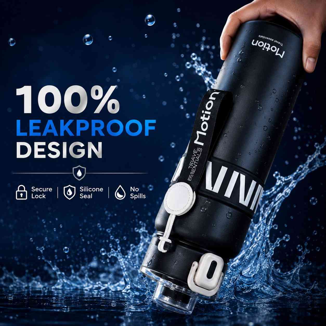 Motion Premium Stainless Steel Water Bottle 800ml – Leakproof Sports Bottle with Flip Lid, Safety Lock & Carry Strap
