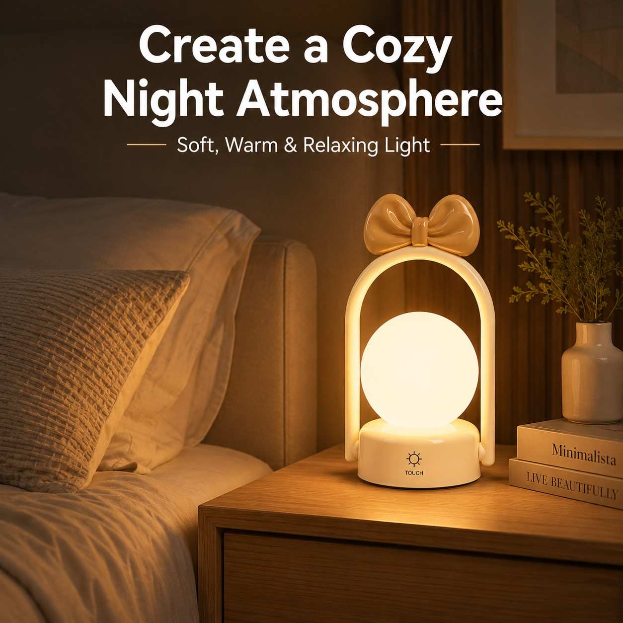 LED Bow Night Lamp Rechargeable Touch Control Bedside Lamp | Random 1 Design | Cute Portable Night Light for Kids Bedroom Nursery