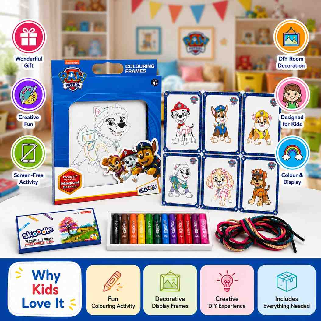 Paw Patrol Theme Colouring Frames Kit with 6 Colouring Frames, 12 Oil Pastels & Hanging Thread | DIY Kids Art & Craft Kit