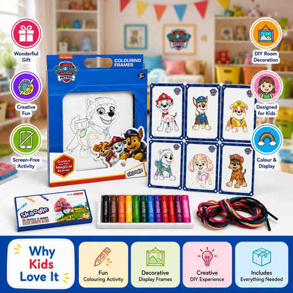 Paw Patrol Theme Colouring Frames Kit with 6 Colouring Frames, 12 Oil Pastels & Hanging Thread | DIY Kids Art & Craft Kit