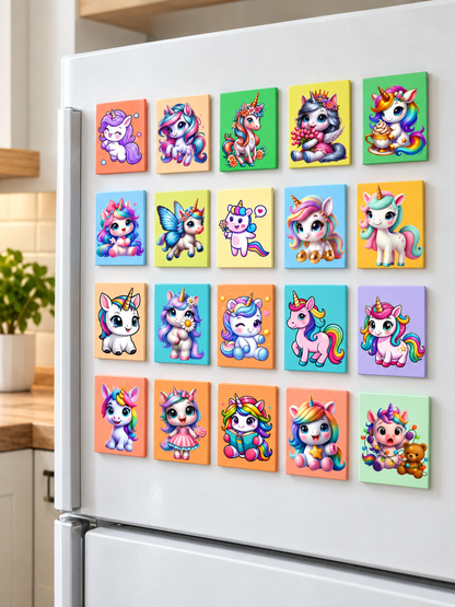 Cute Unicorn Fridge Magnets Set of 20 | Rectangular Character Magnets | Decorative Kitchen, Whiteboard, Locker Accessories | Strong Magnet for Kids & Home Dcor (4x5 cm)