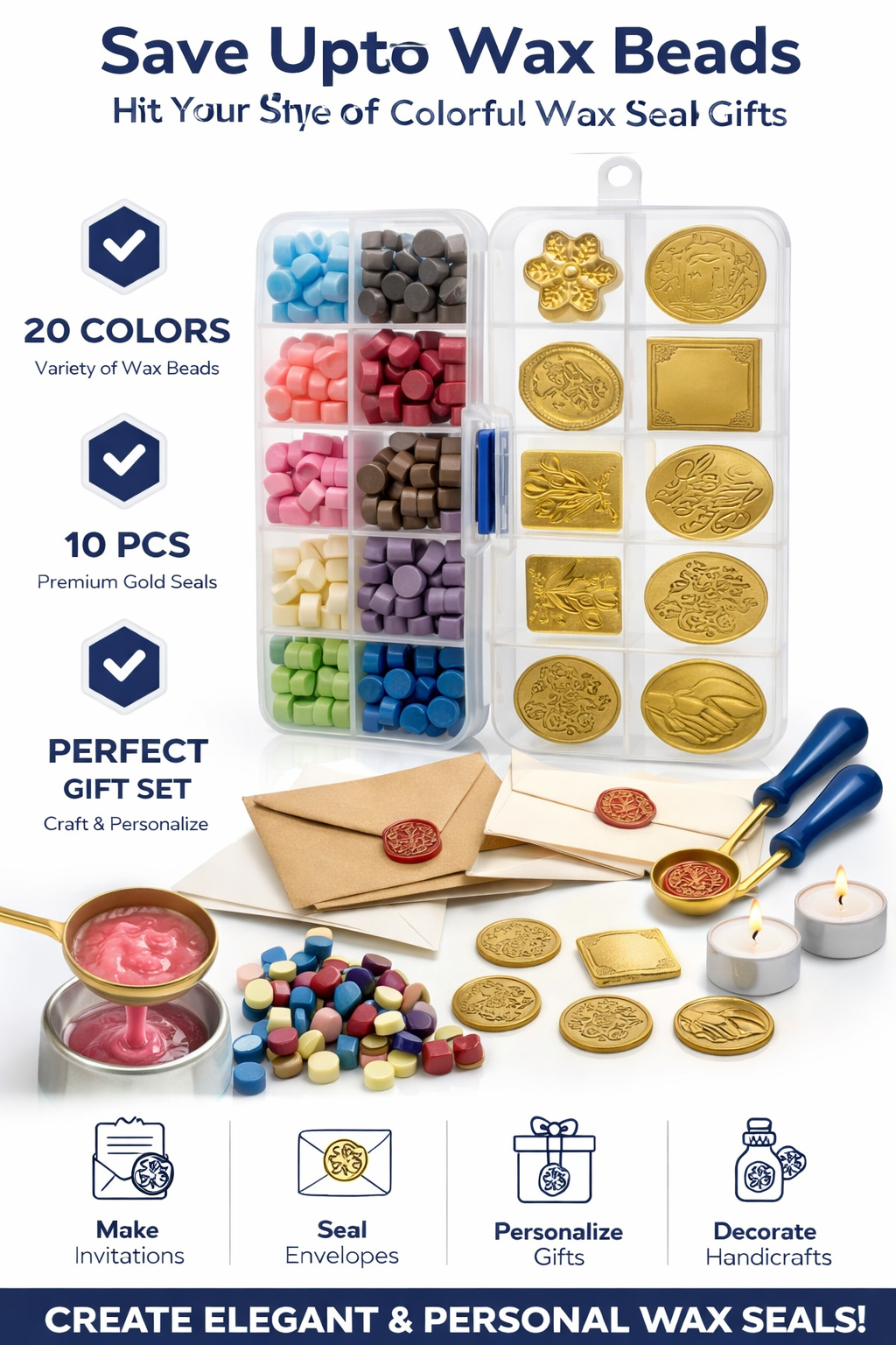 Wax Seal Kit with Beads & Stamps – 20 Color Wax Beads Set with Premium Sealing Stamps for Invitations, Gifts & Crafts(COMOBO PACK)