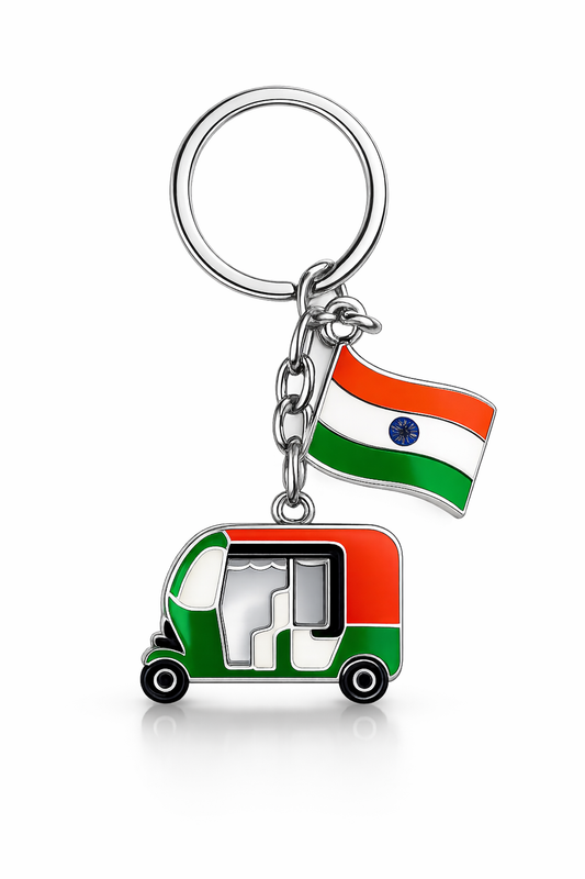 India Auto Rickshaw Keychain with Tricolor Flag | Premium Metal Key Ring | Patriotic Gift for Car Bike Keys & Bags